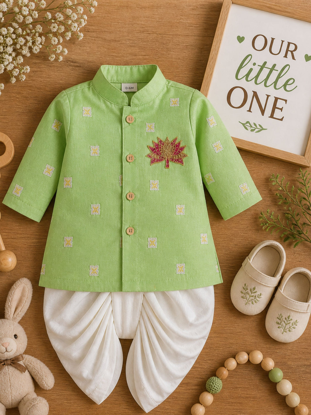 Pspeaches Baby Boy Sage Green Ethnic Stripe Dupion Straight Fit Kurta With Dhoti Set