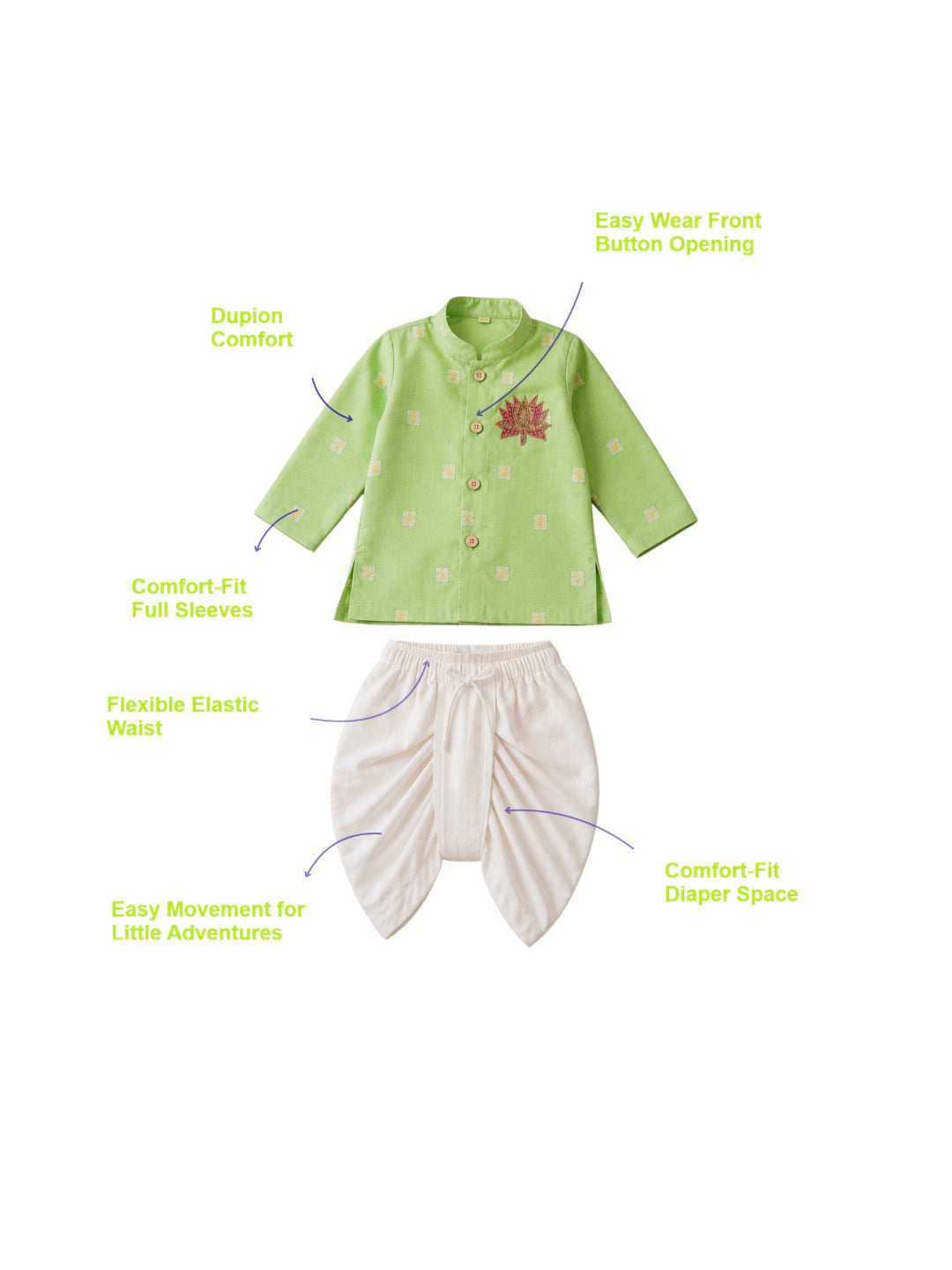 Pspeaches Baby Boy Sage Green Ethnic Stripe Dupion Straight Fit Kurta With Dhoti Set ( Sku-Inb-Dh-Limedupion )