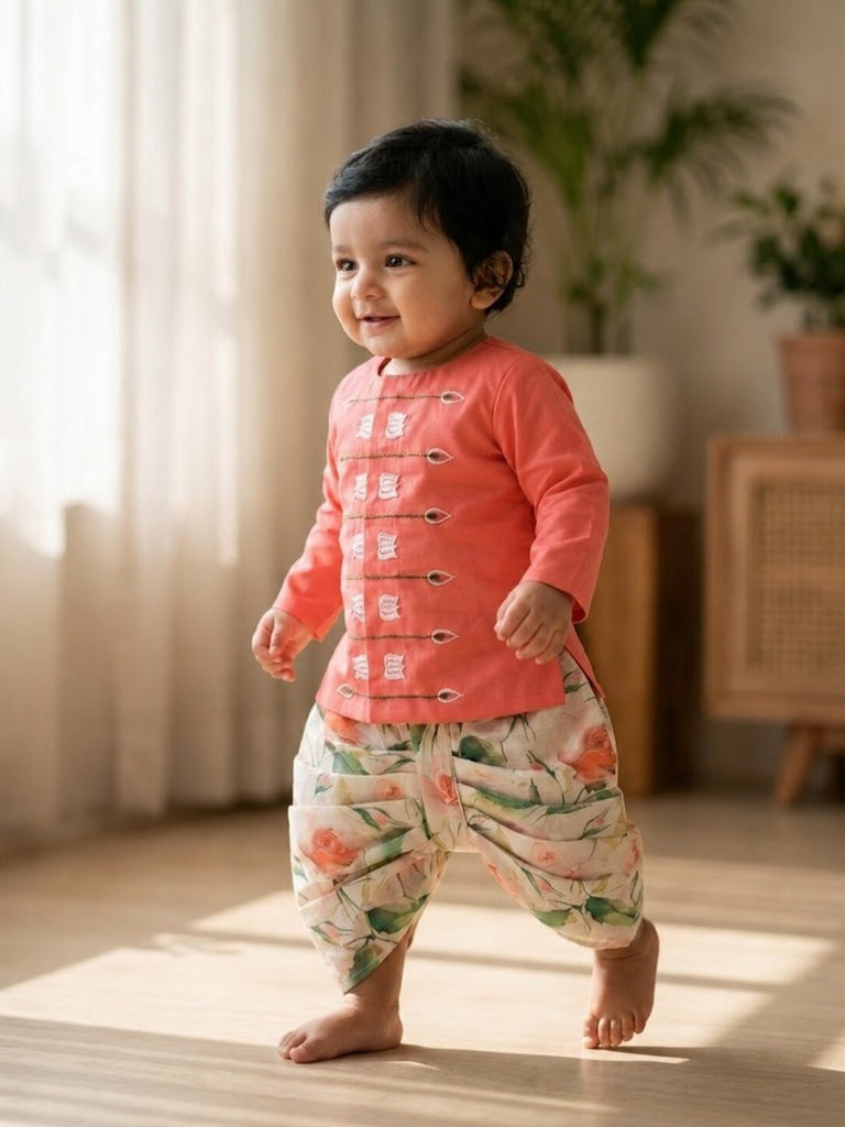 Pspeaches Baby Boy Multi Ethnic Floral Print Satin Straight Fit Kurta With Dhoti Set