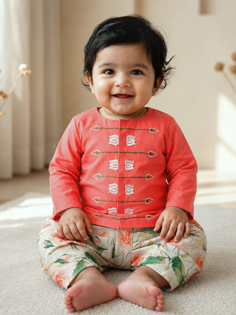 Pspeaches Baby Boy Multi Ethnic Floral Print Satin Straight Fit Kurta With Dhoti Set