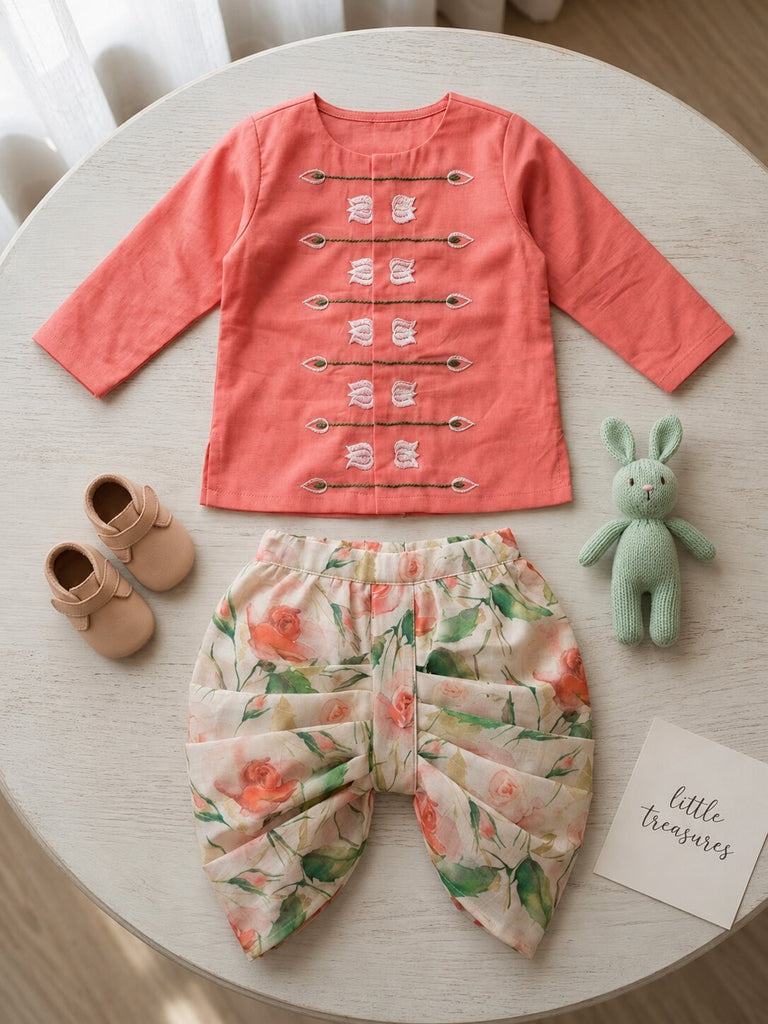 Pspeaches Baby Boy Multi Ethnic Floral Print Satin Straight Fit Kurta With Dhoti Set