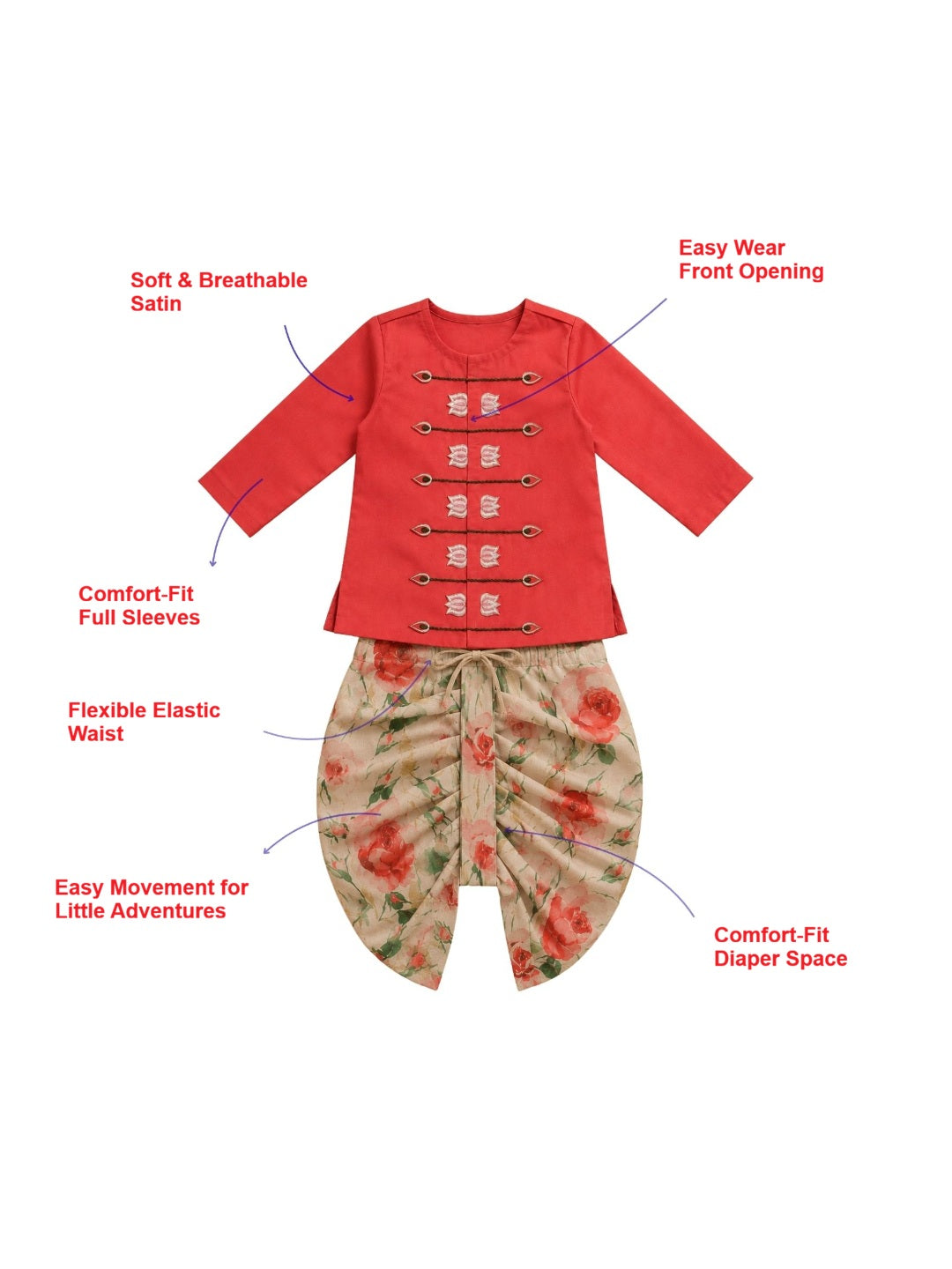 Pspeaches Baby Boy Multi Ethnic Floral Print Satin Straight Fit Kurta With Dhoti Set ( Sku-Inb-Dh-Lotuspinkpetal )