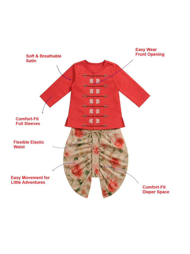 Pspeaches Baby Boy Multi Ethnic Floral Print Satin Straight Fit Kurta With Dhoti Set ( Sku-Inb-Dh-Lotuspinkpetal )
