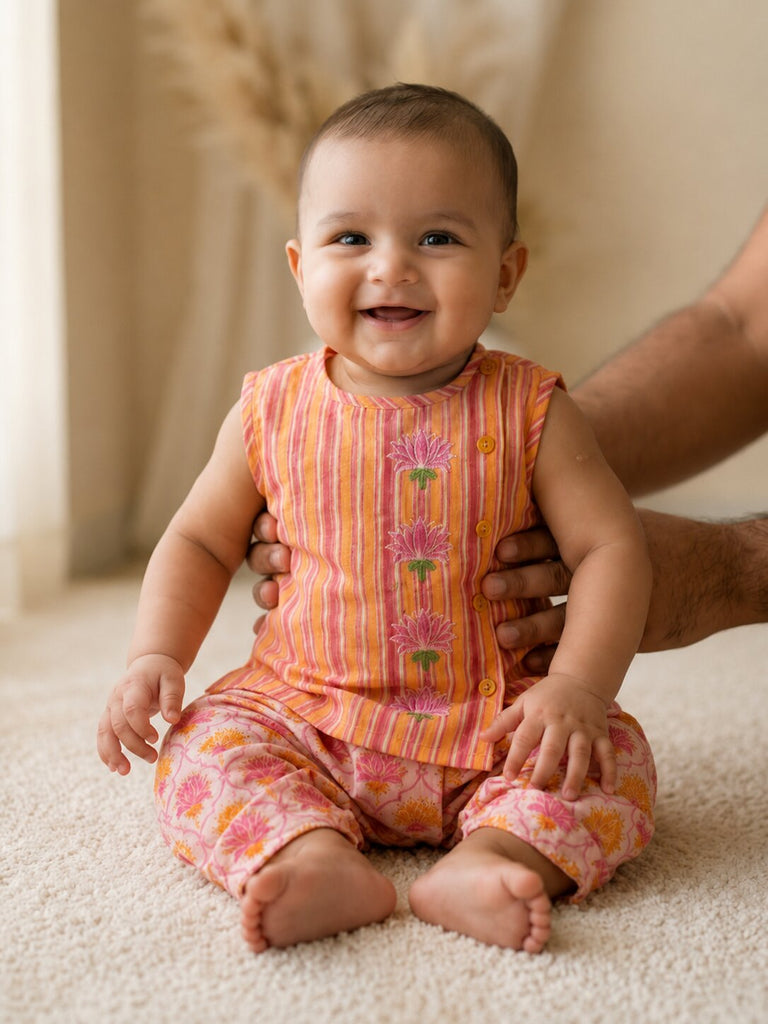 Pspeaches Baby Boy Multi Ethnic Printed Cotton Angrakha Kurta With Dhoti Set
