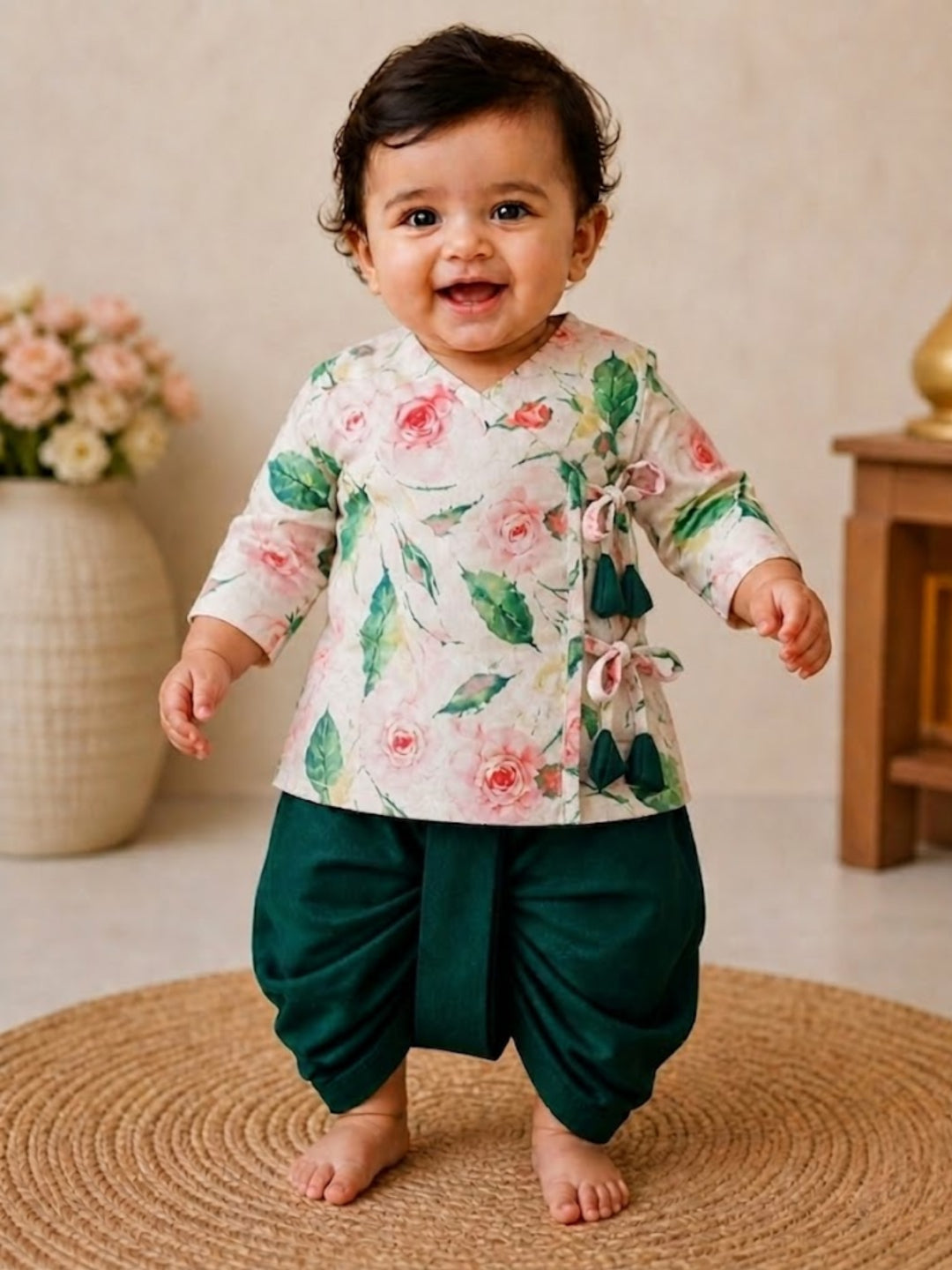 Pspeaches Baby Boy Cream & Green Ethnic Floral Print Cotton Flex Straight Fit Kurta With Dhoti Set