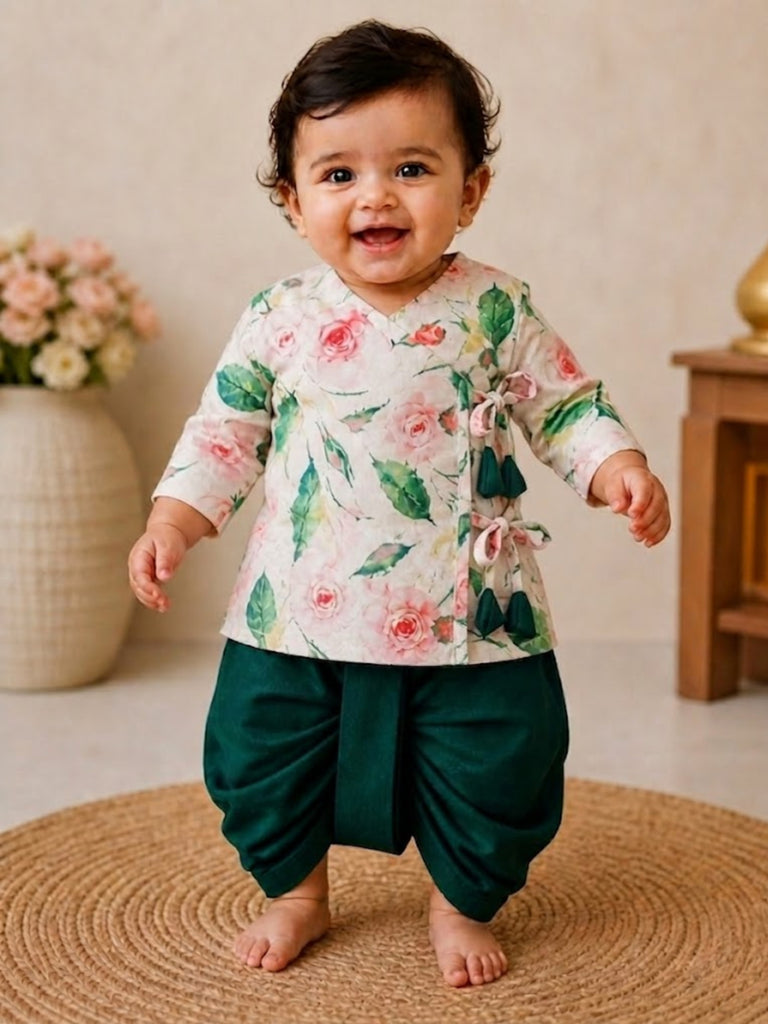 Pspeaches Baby Boy Cream & Green Ethnic Floral Print Cotton Flex Straight Fit Kurta With Dhoti Set
