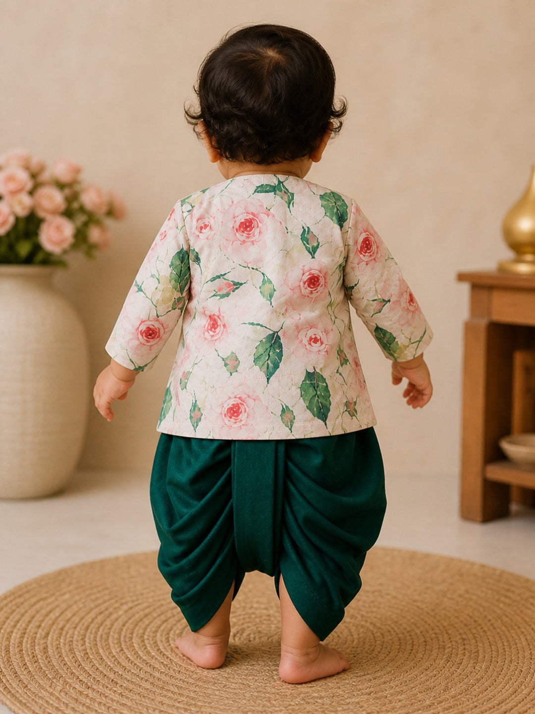Pspeaches Baby Boy Cream & Green Ethnic Floral Print Cotton Flex Straight Fit Kurta With Dhoti Set