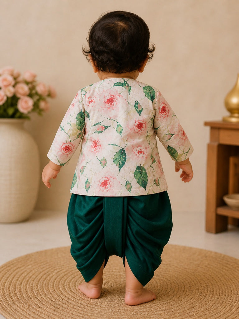 Pspeaches Baby Boy Cream & Green Ethnic Floral Print Cotton Flex Straight Fit Kurta With Dhoti Set