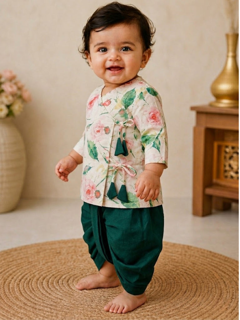 Pspeaches Baby Boy Cream & Green Ethnic Floral Print Cotton Flex Straight Fit Kurta With Dhoti Set
