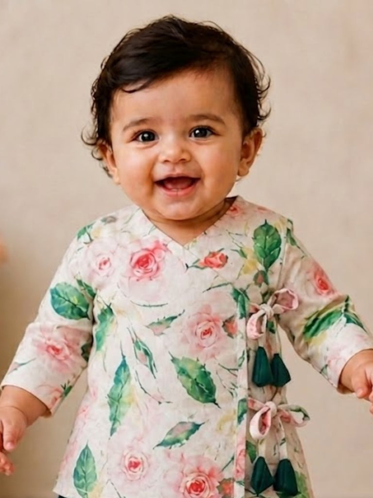 Pspeaches Baby Boy Cream & Green Ethnic Floral Print Cotton Flex Straight Fit Kurta With Dhoti Set