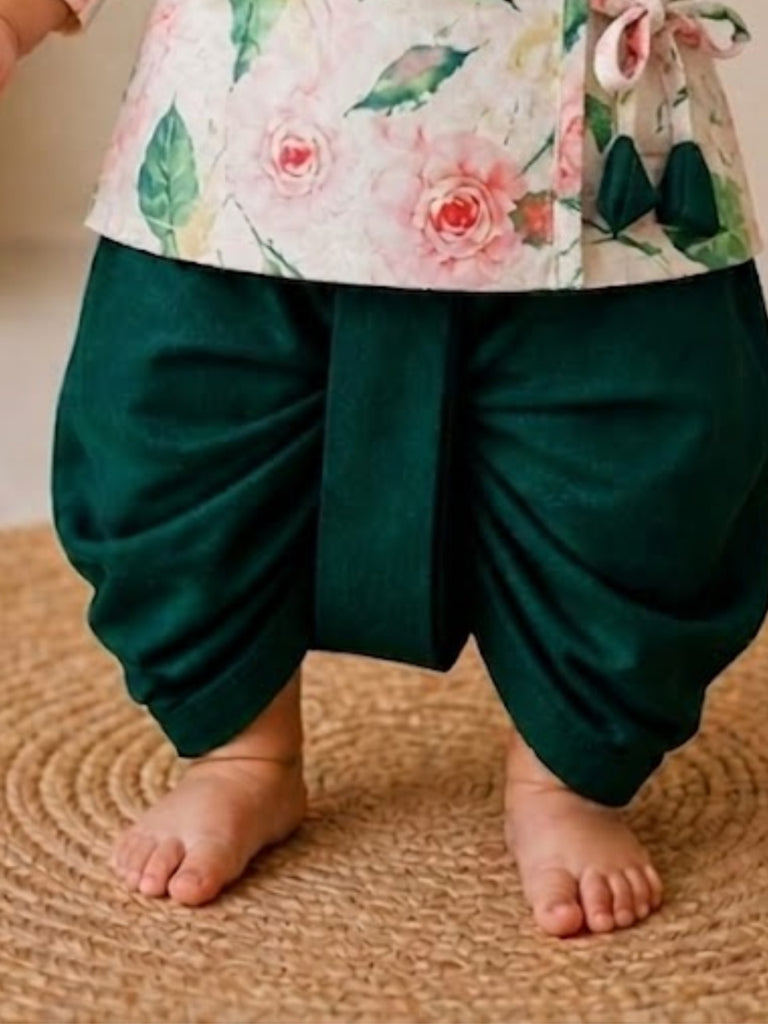 Pspeaches Baby Boy Cream & Green Ethnic Floral Print Cotton Flex Straight Fit Kurta With Dhoti Set