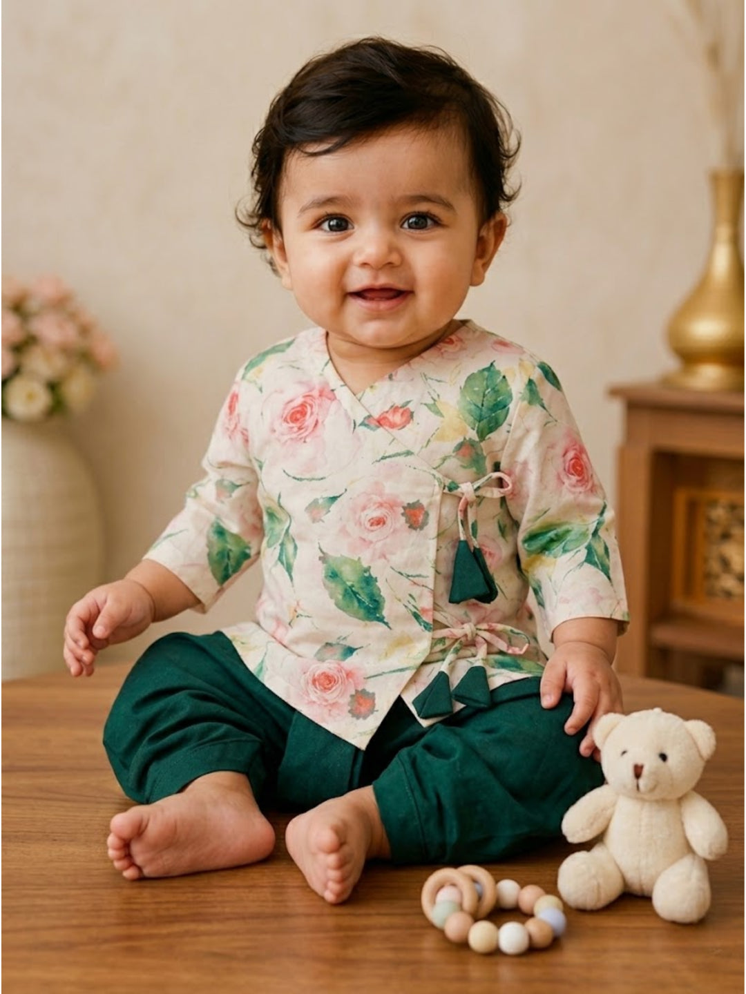 Pspeaches Baby Boy Cream & Green Ethnic Floral Print Cotton Flex Straight Fit Kurta With Dhoti Set