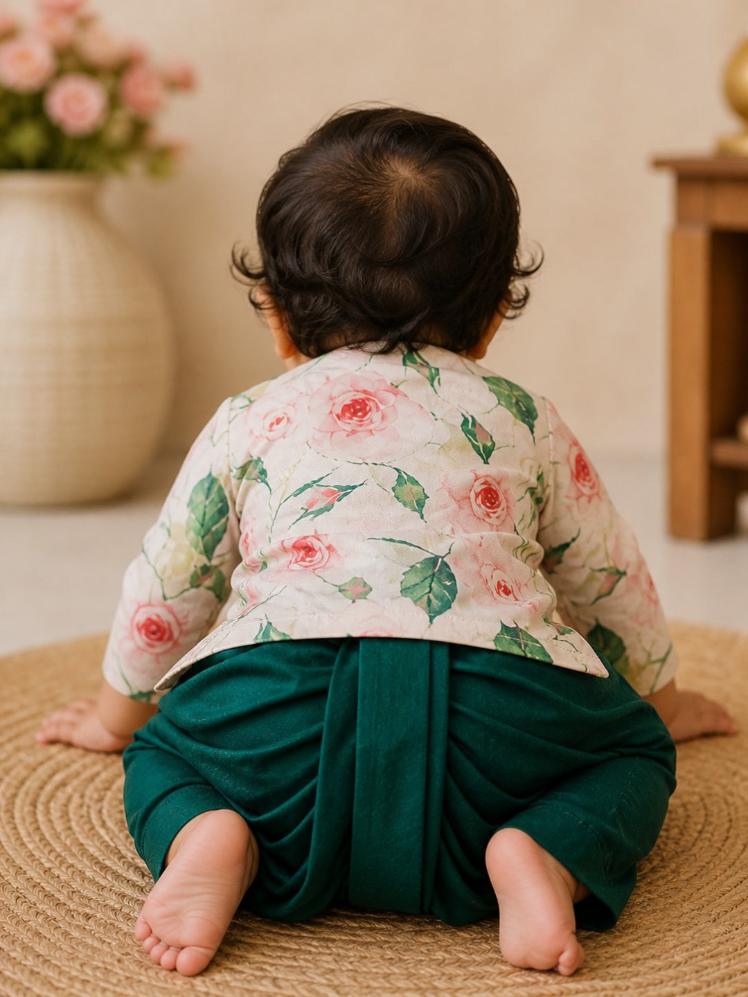 Pspeaches Baby Boy Cream & Green Ethnic Floral Print Cotton Flex Straight Fit Kurta With Dhoti Set