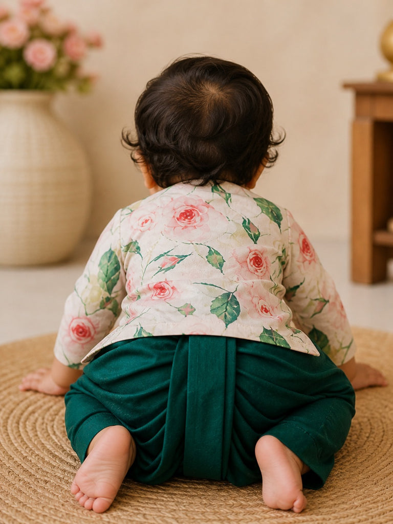 Pspeaches Baby Boy Cream & Green Ethnic Floral Print Cotton Flex Straight Fit Kurta With Dhoti Set