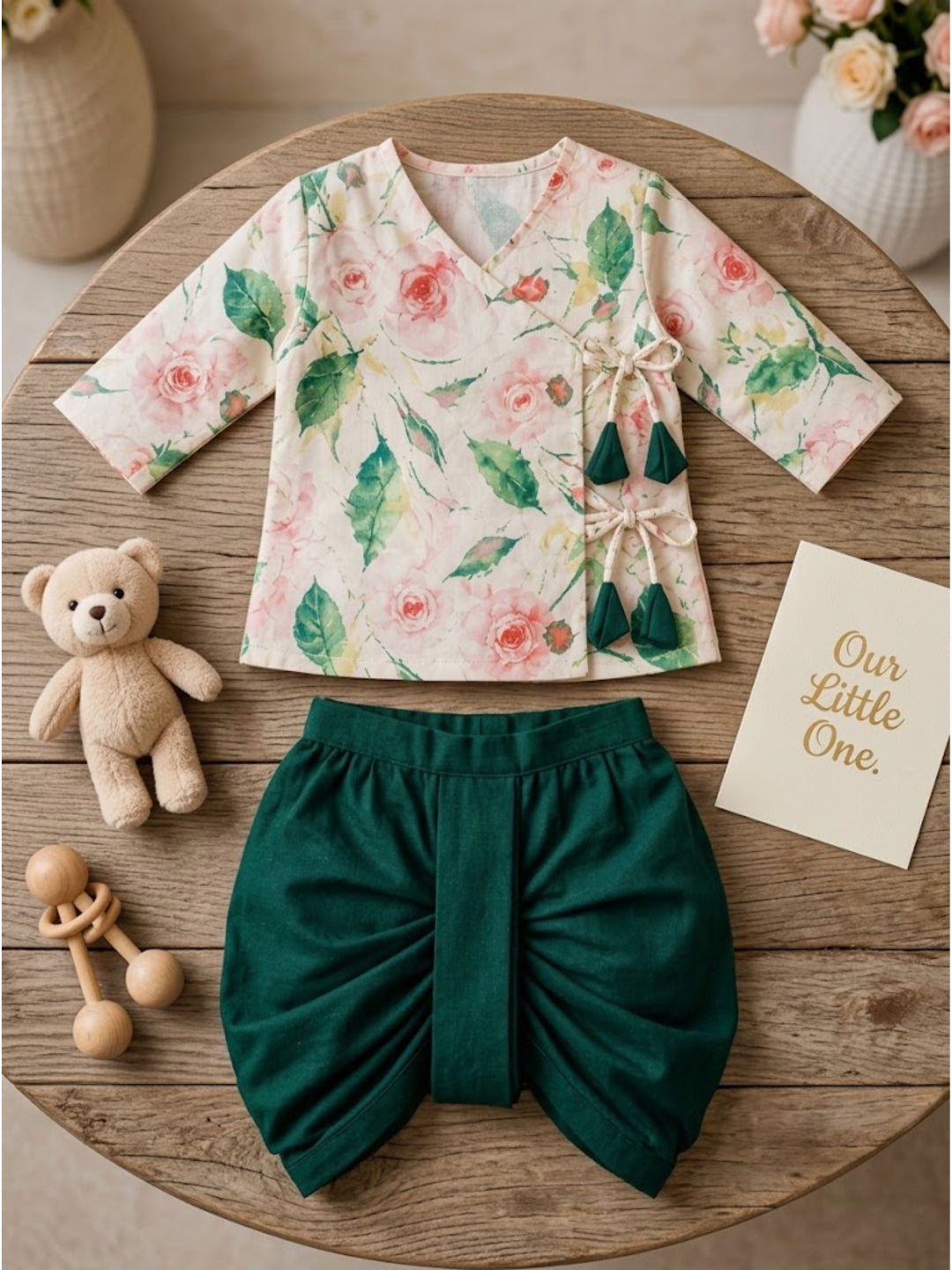 Pspeaches Baby Boy Cream & Green Ethnic Floral Print Cotton Flex Straight Fit Kurta With Dhoti Set