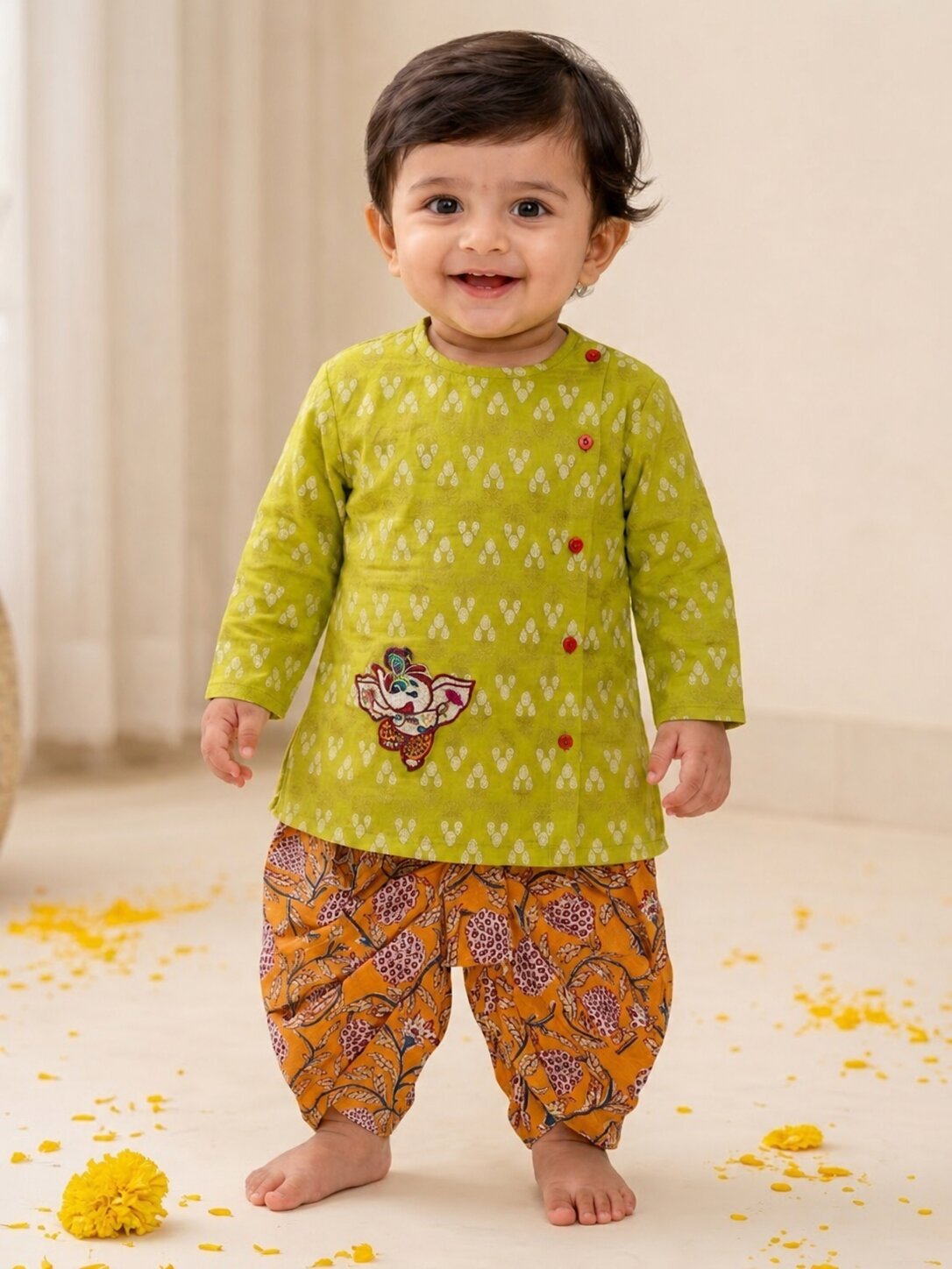 Pspeaches Baby Boy Multi Ethnic Printed Cotton Straight Fit Kurta With Dhoti Set