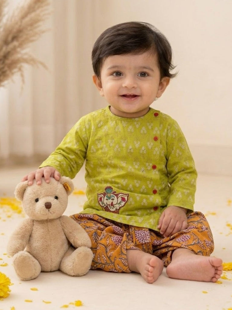 Pspeaches Baby Boy Multi Ethnic Printed Cotton Straight Fit Kurta With Dhoti Set