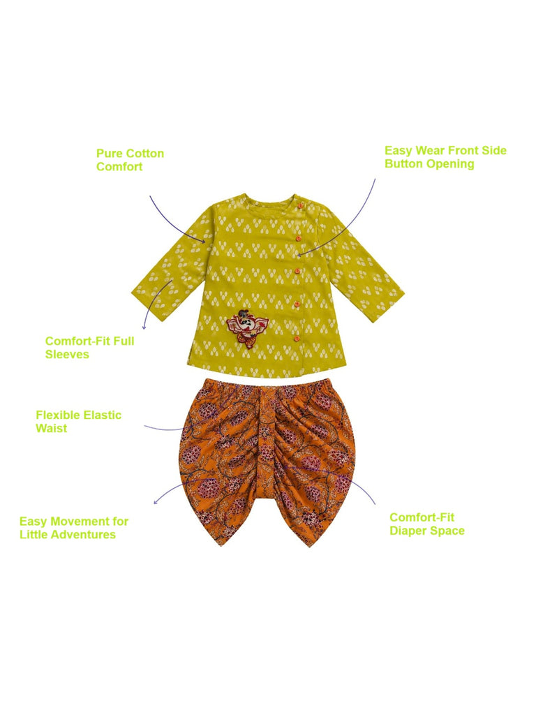 Pspeaches Baby Boy Multi Ethnic Printed Cotton Straight Fit Kurta With Dhoti Set ( Sku-Inb-Dh-Olivebootiprint )