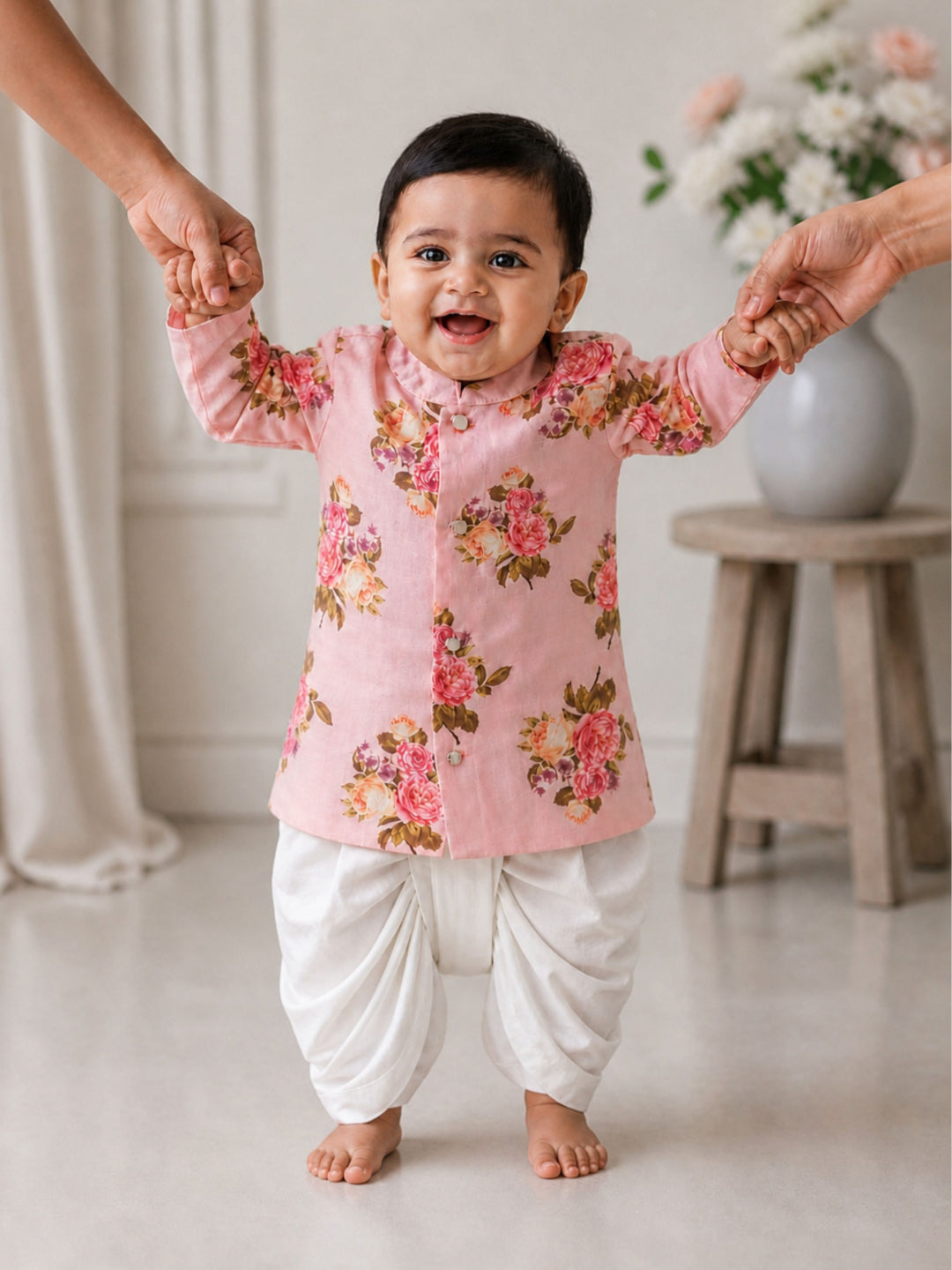Pspeaches Baby Boy Peach Ethnic Floral Print Dupion Straight Fit Kurta With Dhoti Set