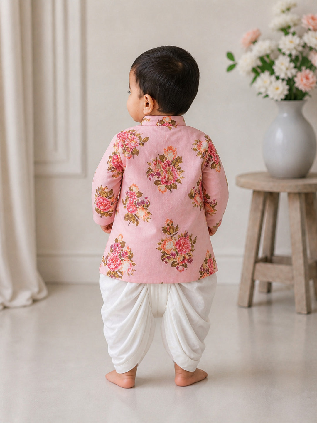 Pspeaches Baby Boy Peach Ethnic Floral Print Dupion Straight Fit Kurta With Dhoti Set