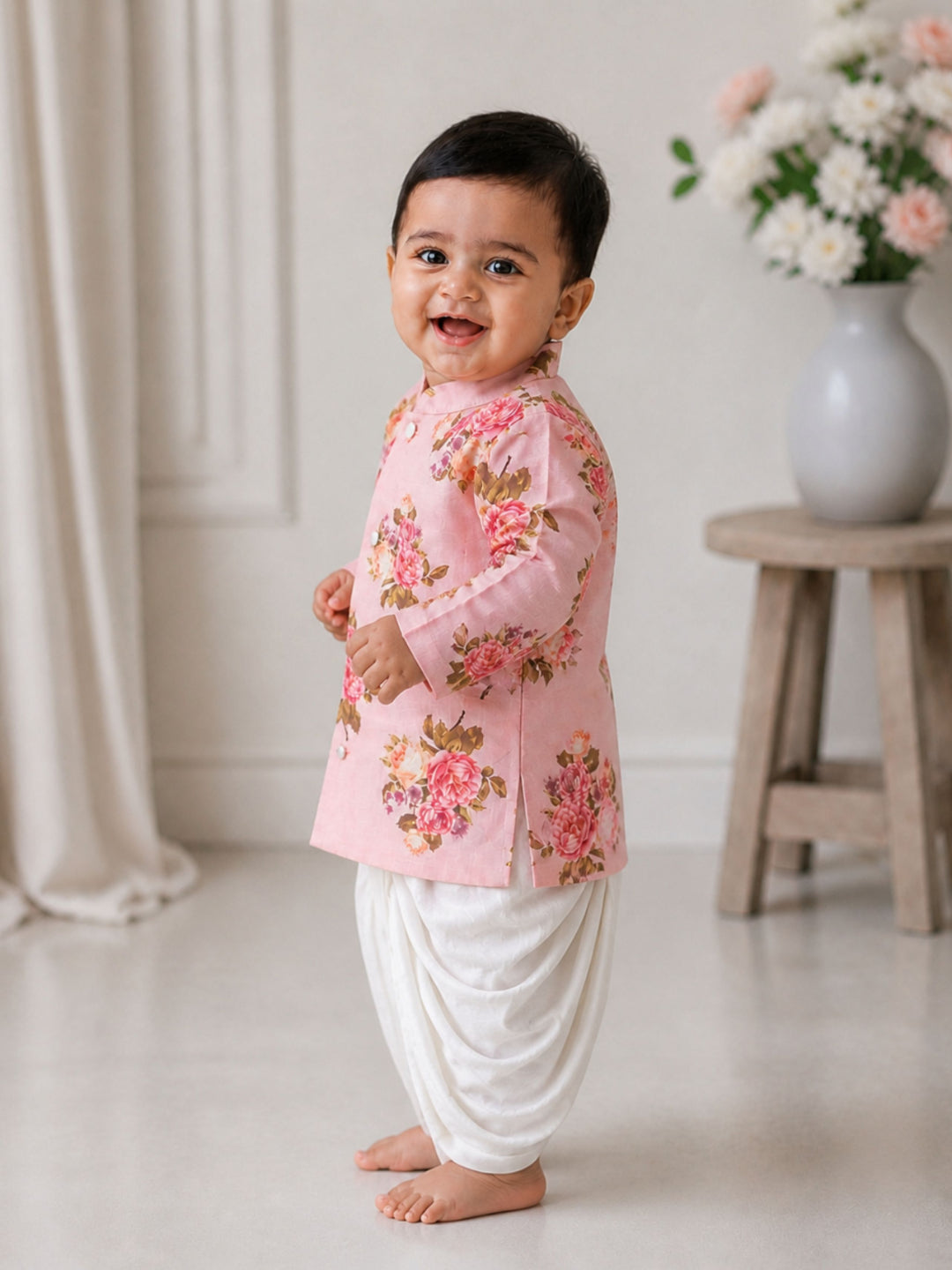 Pspeaches Baby Boy Peach Ethnic Floral Print Dupion Straight Fit Kurta With Dhoti Set