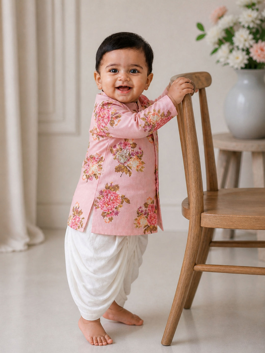 Pspeaches Baby Boy Peach Ethnic Floral Print Dupion Straight Fit Kurta With Dhoti Set