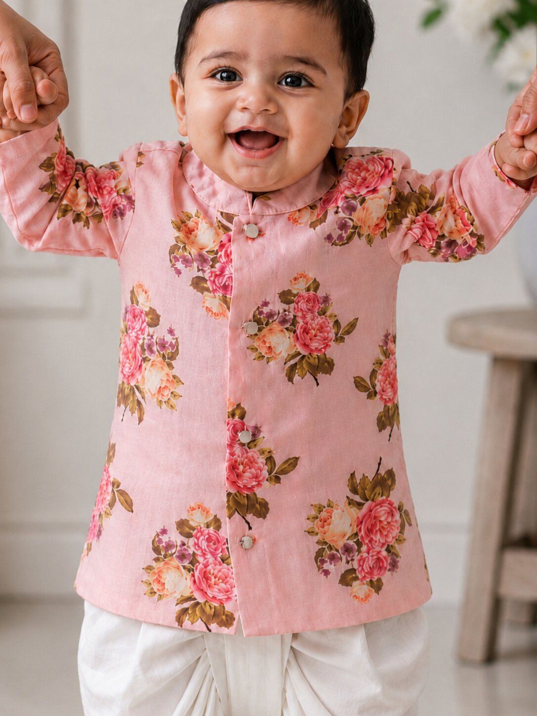 Pspeaches Baby Boy Peach Ethnic Floral Print Dupion Straight Fit Kurta With Dhoti Set