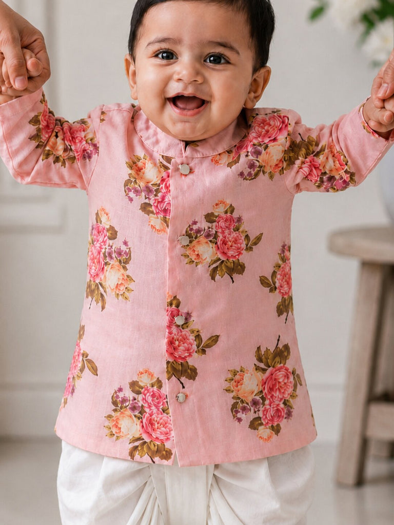 Pspeaches Baby Boy Peach Ethnic Floral Print Dupion Straight Fit Kurta With Dhoti Set