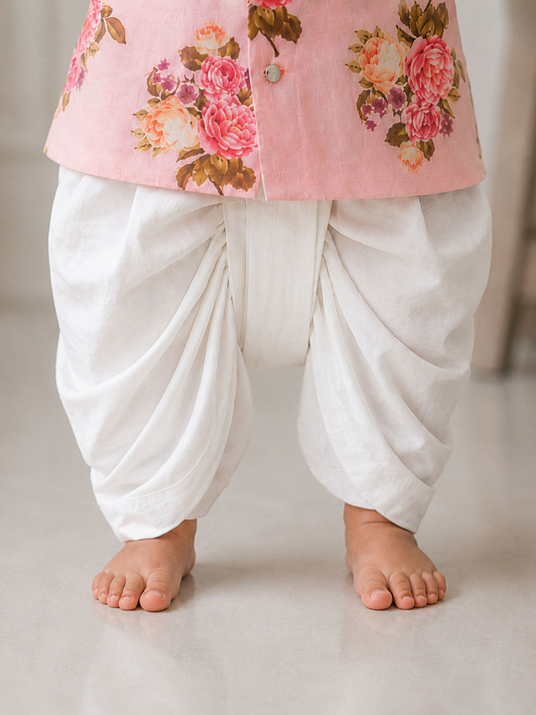Pspeaches Baby Boy Peach Ethnic Floral Print Dupion Straight Fit Kurta With Dhoti Set