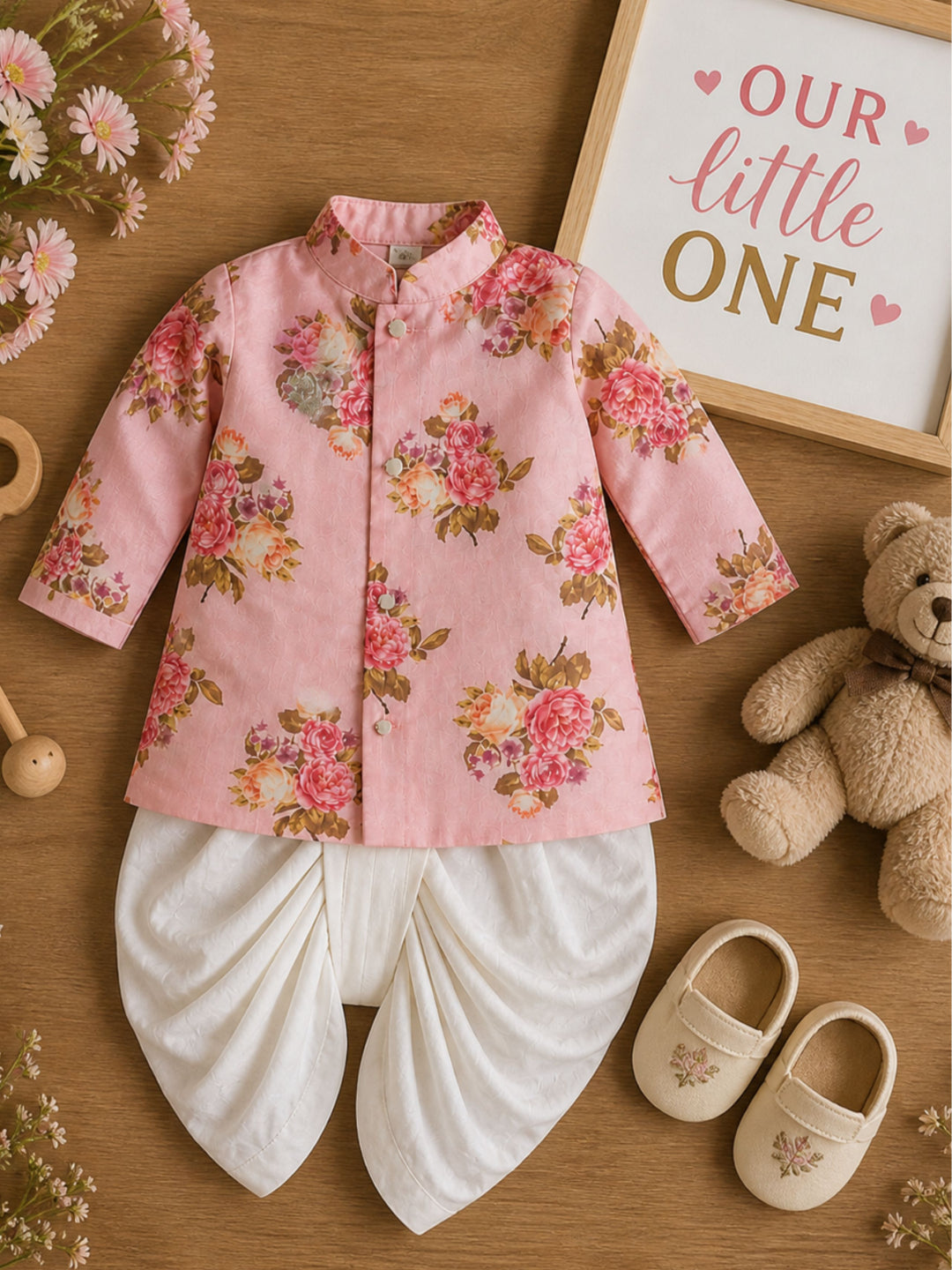 Pspeaches Baby Boy Peach Ethnic Floral Print Dupion Straight Fit Kurta With Dhoti Set