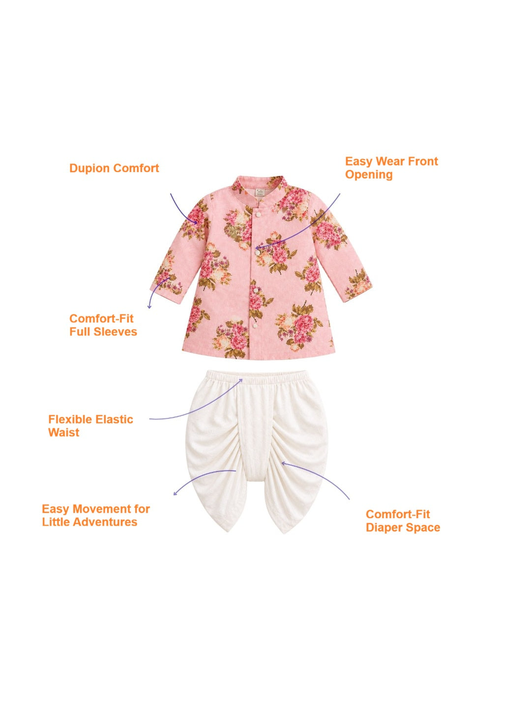 Pspeaches Baby Boy Peach Ethnic Floral Print Dupion Straight Fit Kurta With Dhoti Set ( Sku-Inb-Dh-Orangefloral )