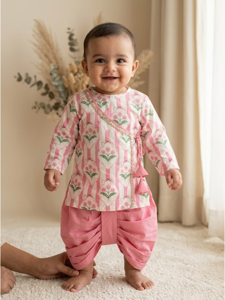 Pspeaches Baby Boy Pink & White Ethnic Floral Print Cotton Straight Fit Kurta With Dhoti Set