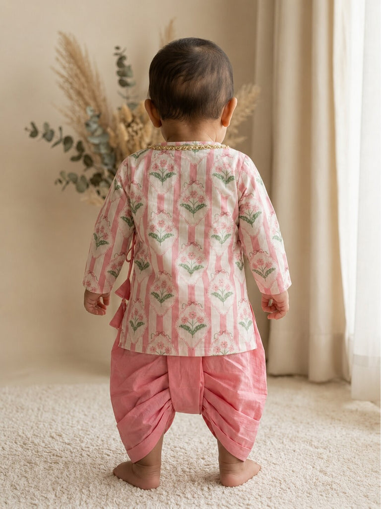 Pspeaches Baby Boy Pink & White Ethnic Floral Print Cotton Straight Fit Kurta With Dhoti Set