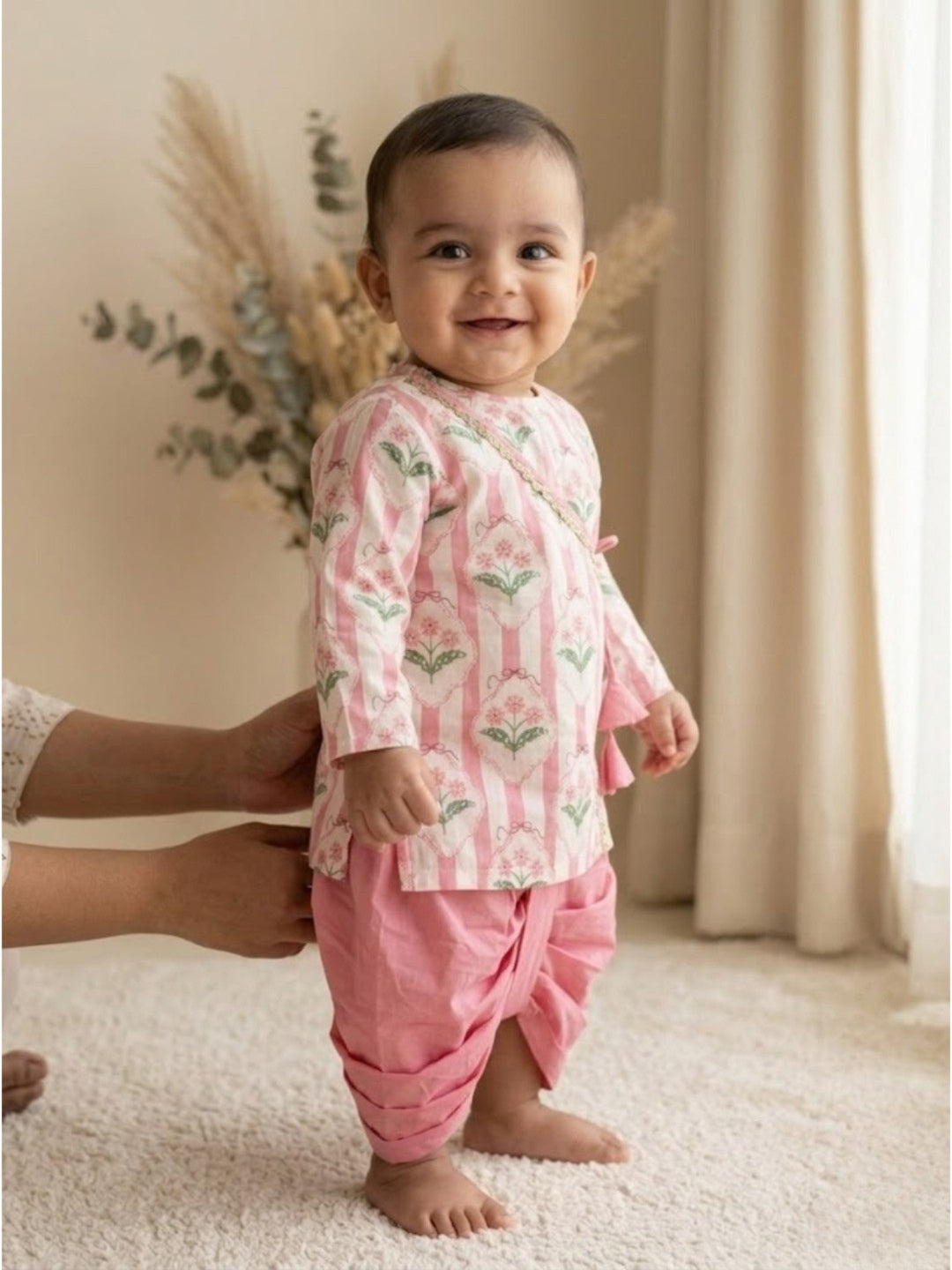 Pspeaches Baby Boy Pink & White Ethnic Floral Print Cotton Straight Fit Kurta With Dhoti Set