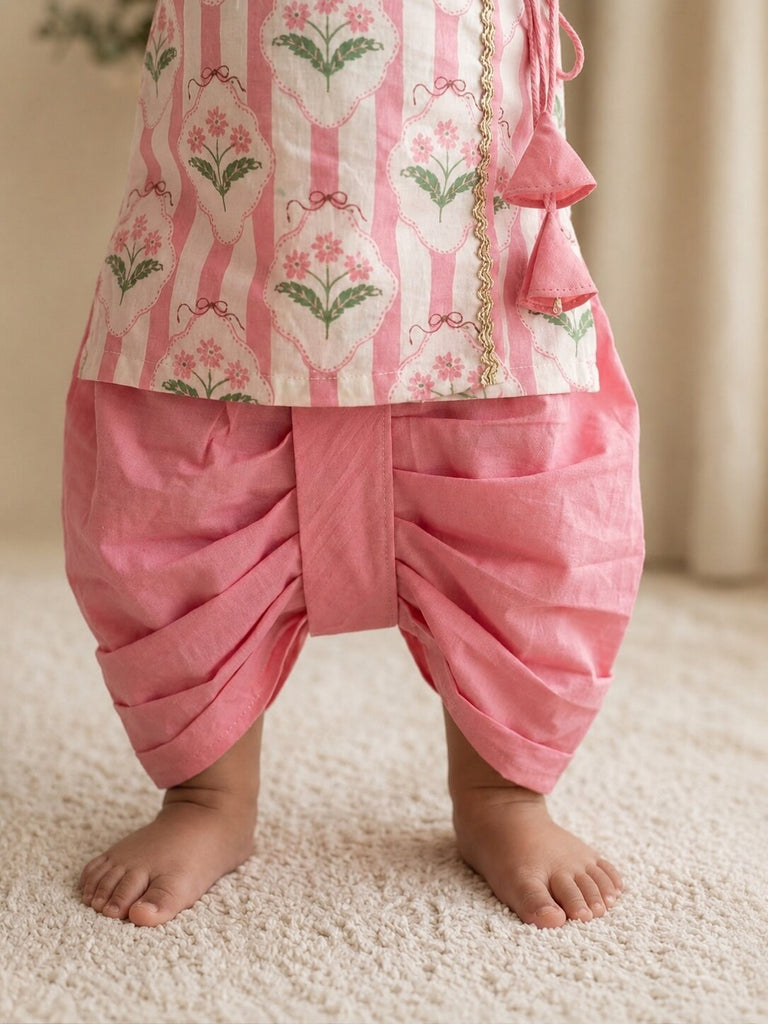 Pspeaches Baby Boy Pink & White Ethnic Floral Print Cotton Straight Fit Kurta With Dhoti Set