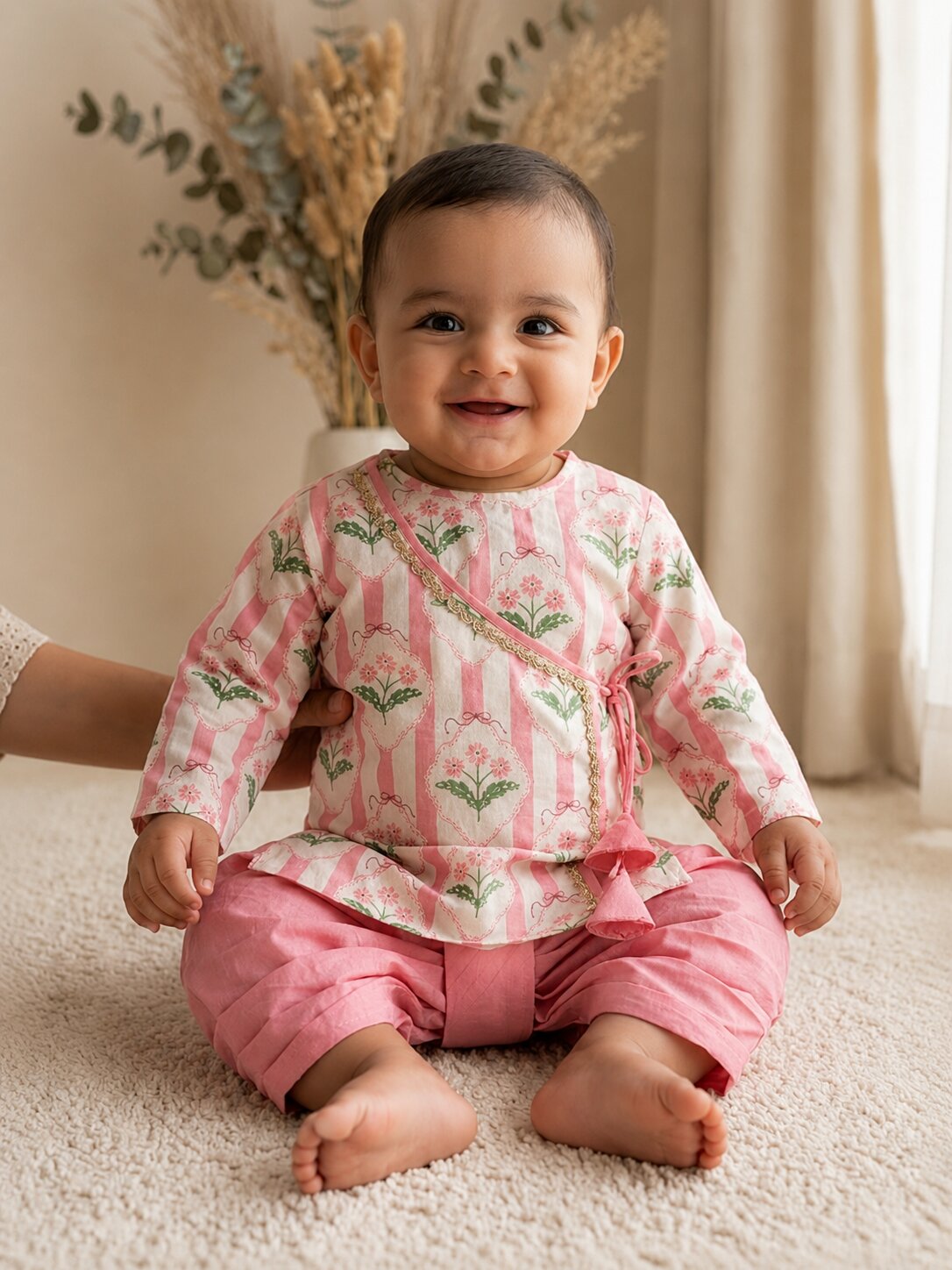 Pspeaches Baby Boy Pink & White Ethnic Floral Print Cotton Straight Fit Kurta With Dhoti Set
