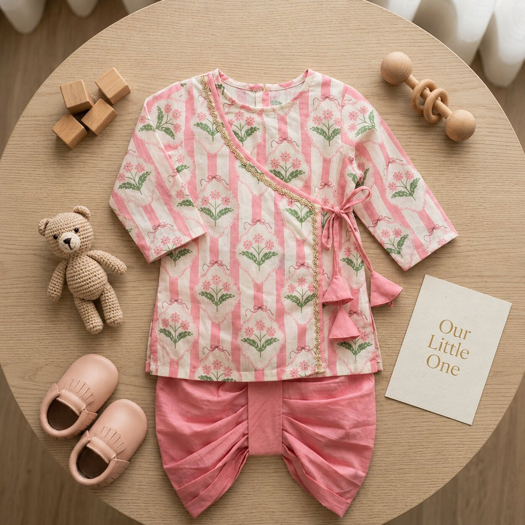 Pspeaches Baby Boy Pink & White Ethnic Floral Print Cotton Straight Fit Kurta With Dhoti Set