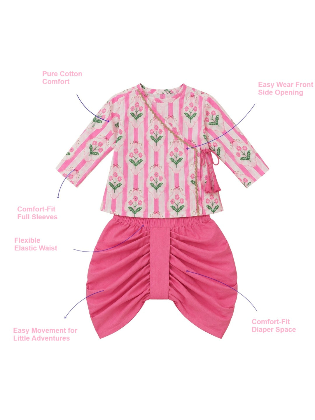 Pspeaches Baby Boy Pink & White Ethnic Floral Print Cotton Straight Fit Kurta With Dhoti Set ( Sku-Inb-Dh-Pinkdhoti )