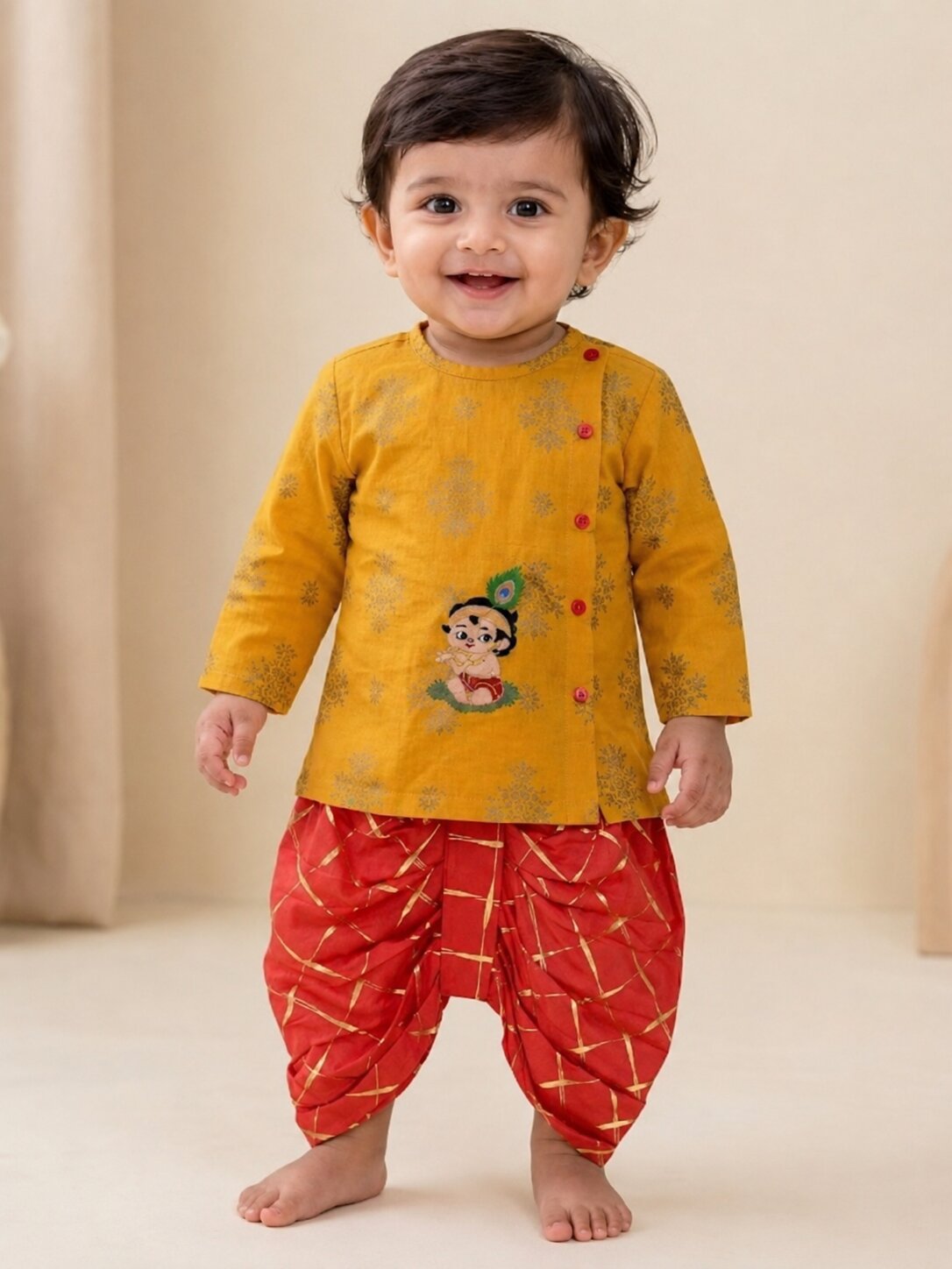 Pspeaches Baby Boy Mustard & Red Ethnic Printed Cotton Angrakha Kurta With Dhoti Set
