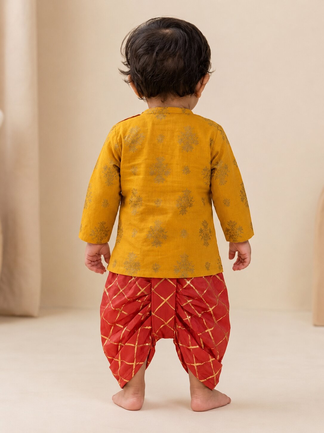 Pspeaches Baby Boy Mustard & Red Ethnic Printed Cotton Angrakha Kurta With Dhoti Set