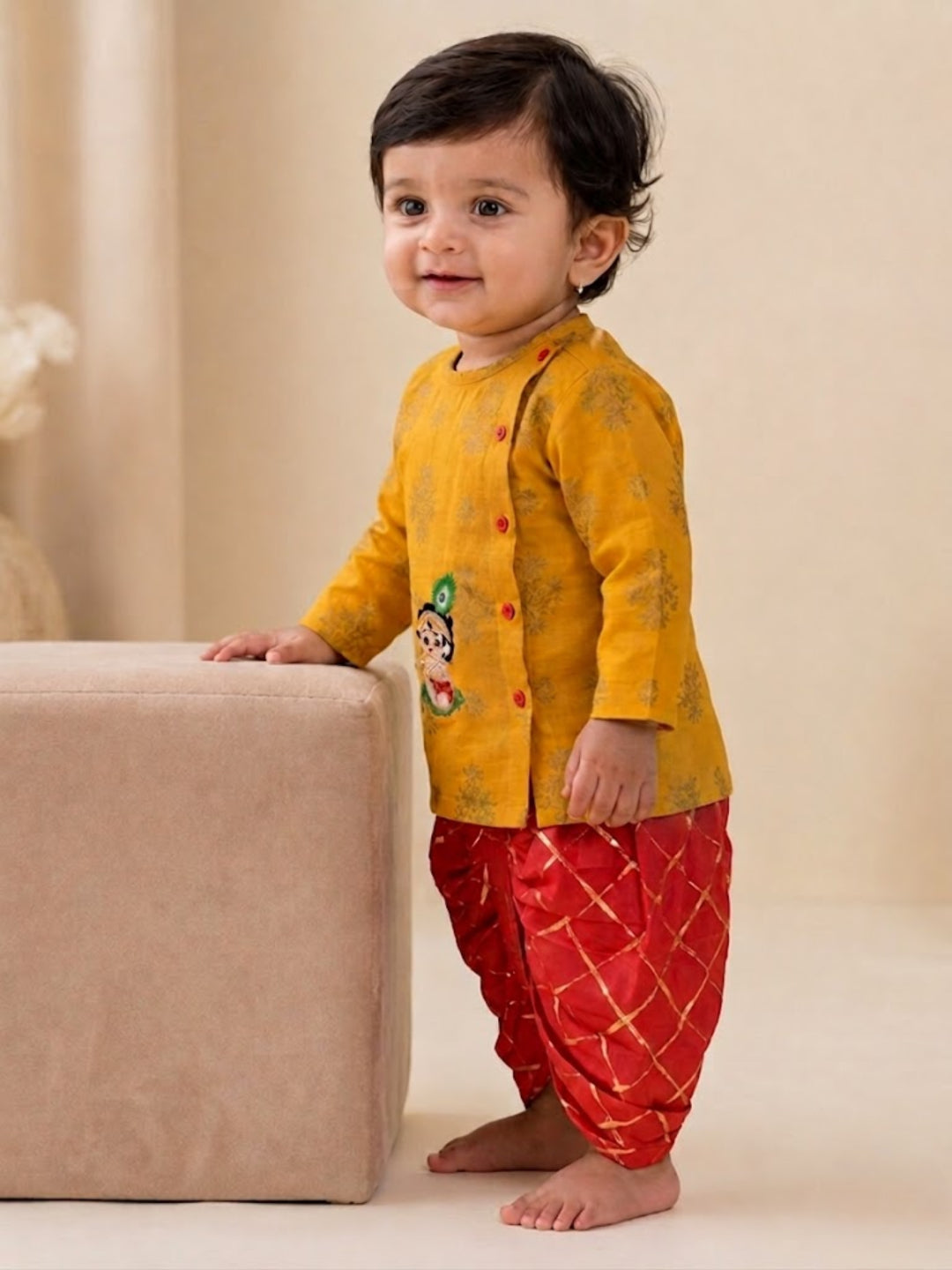 Pspeaches Baby Boy Mustard & Red Ethnic Printed Cotton Angrakha Kurta With Dhoti Set