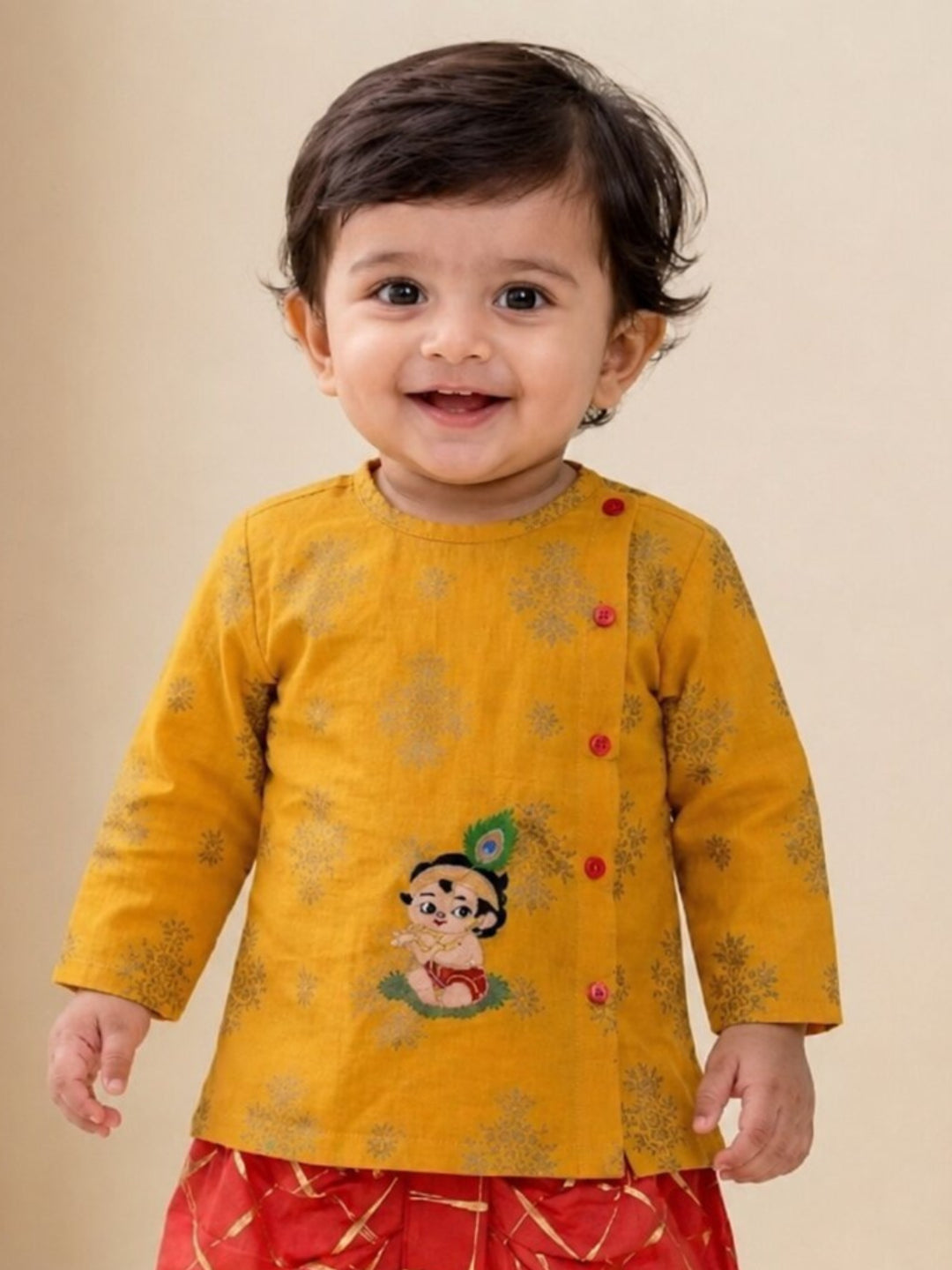 Pspeaches Baby Boy Mustard & Red Ethnic Printed Cotton Angrakha Kurta With Dhoti Set