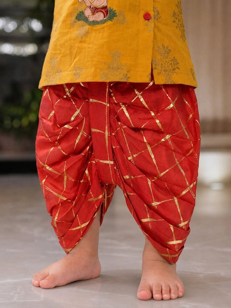 Pspeaches Baby Boy Mustard & Red Ethnic Printed Cotton Angrakha Kurta With Dhoti Set