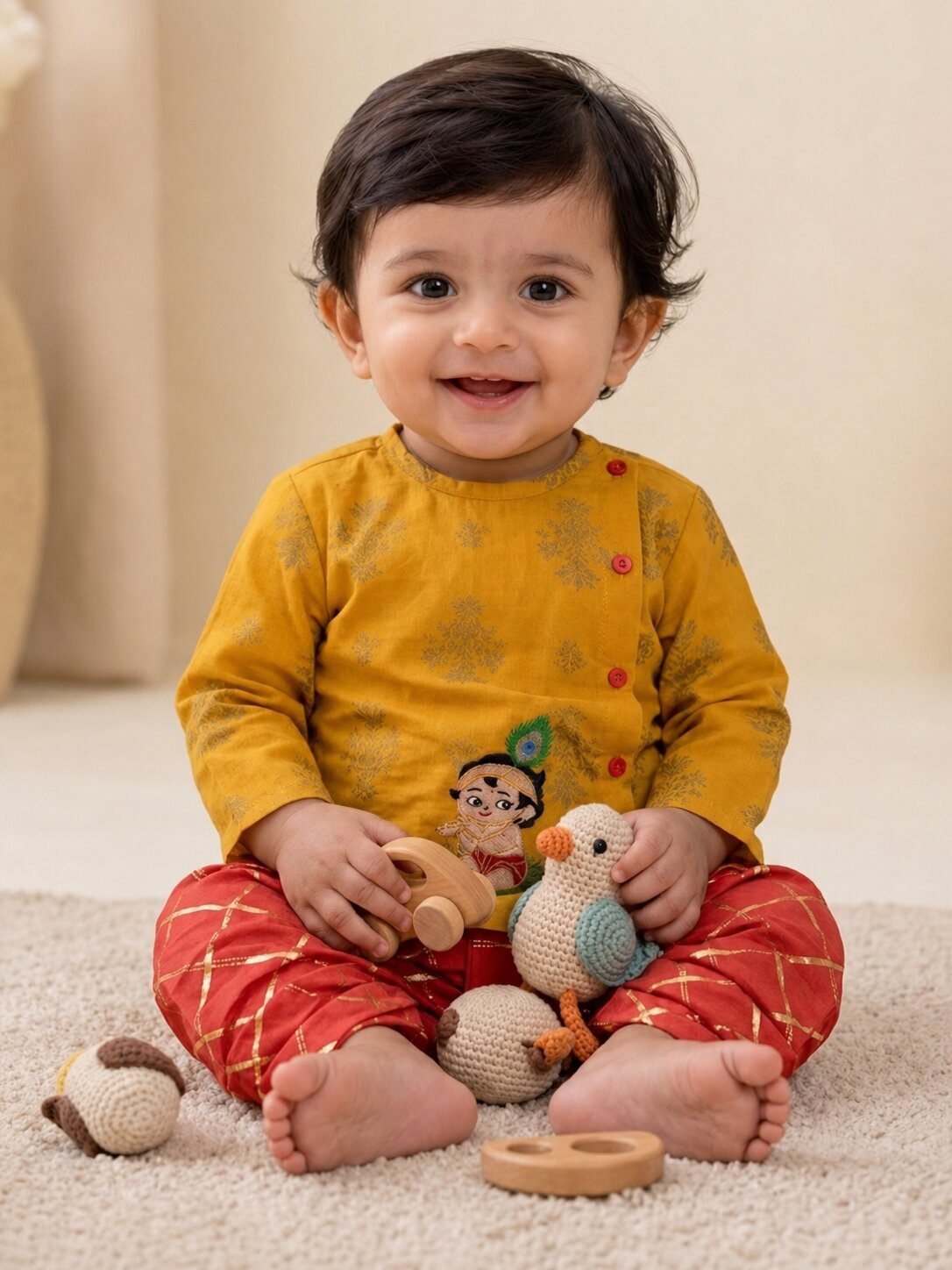 Pspeaches Baby Boy Mustard & Red Ethnic Printed Cotton Angrakha Kurta With Dhoti Set