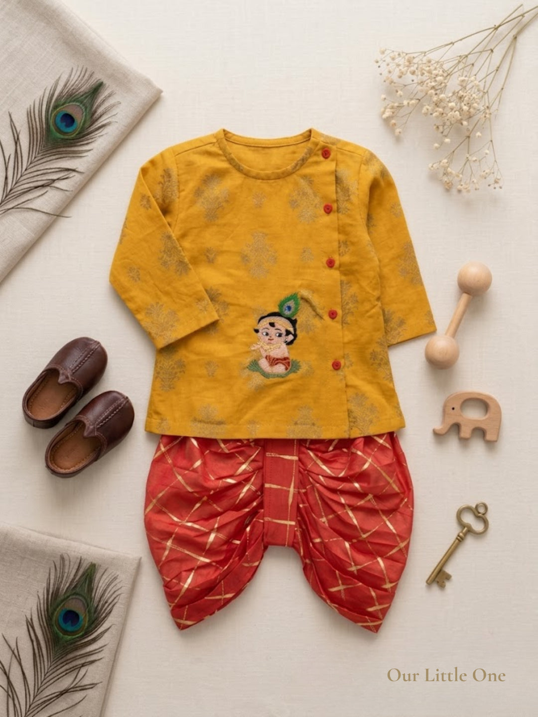 Pspeaches Baby Boy Mustard & Red Ethnic Printed Cotton Angrakha Kurta With Dhoti Set