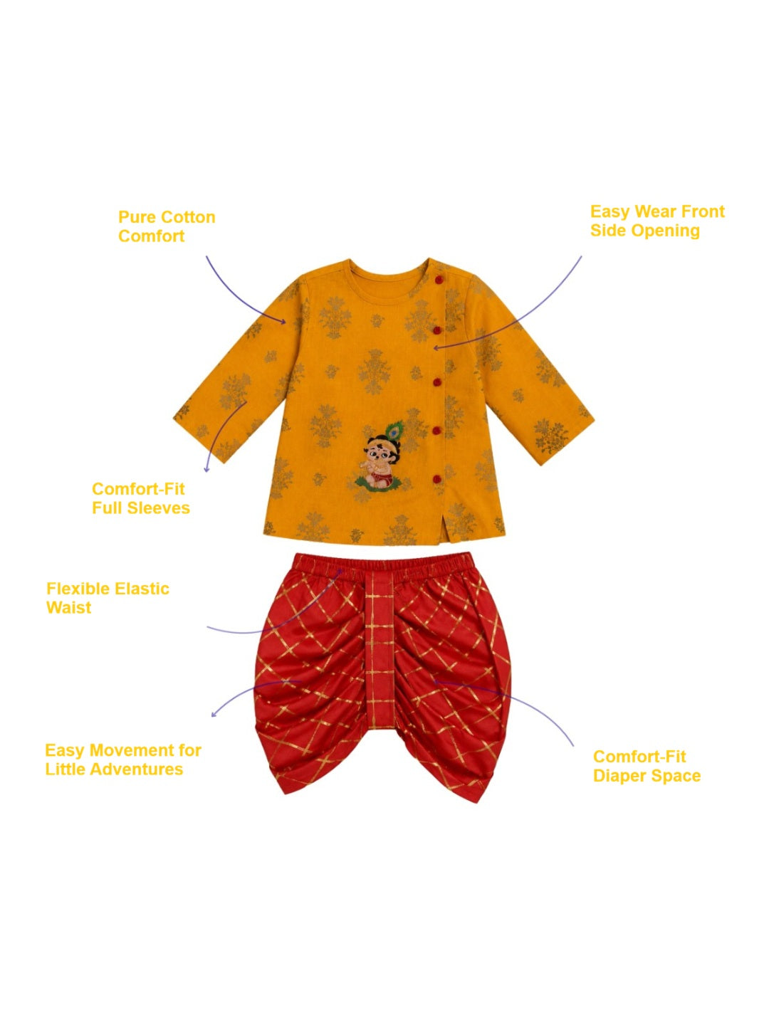 Pspeaches Baby Boy Mustard & Red Ethnic Printed Cotton Angrakha Kurta With Dhoti Set ( Sku-Inb-Dh-Sunnybunch )