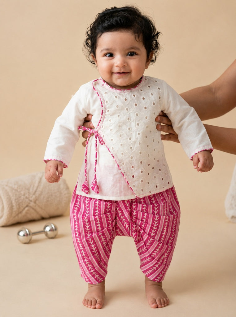 Pspeaches Baby Boy White & Magenta Ethnic Printed Cotton Angrakha Kurta With Dhoti Set