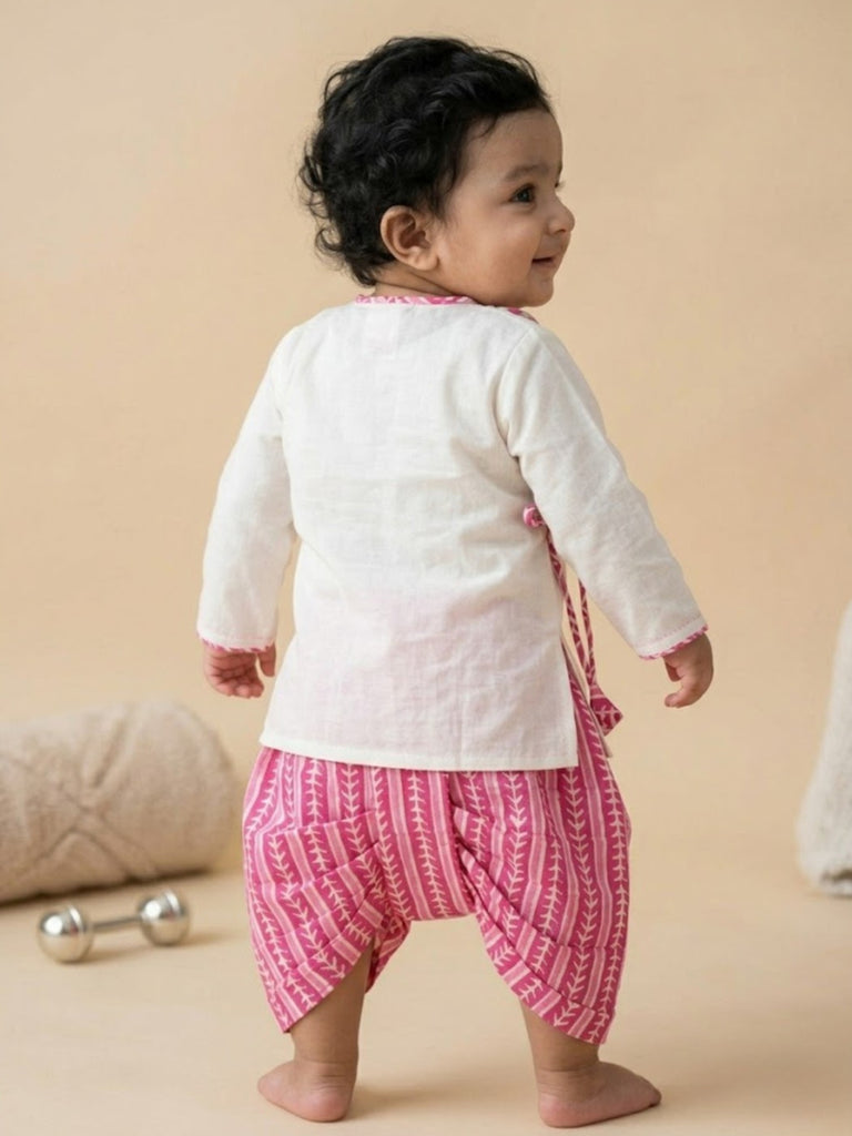 Pspeaches Baby Boy White & Magenta Ethnic Printed Cotton Angrakha Kurta With Dhoti Set