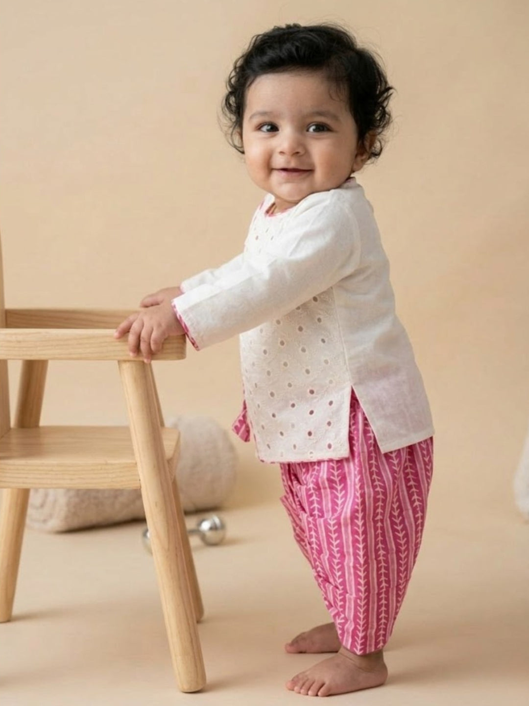 Pspeaches Baby Boy White & Magenta Ethnic Printed Cotton Angrakha Kurta With Dhoti Set