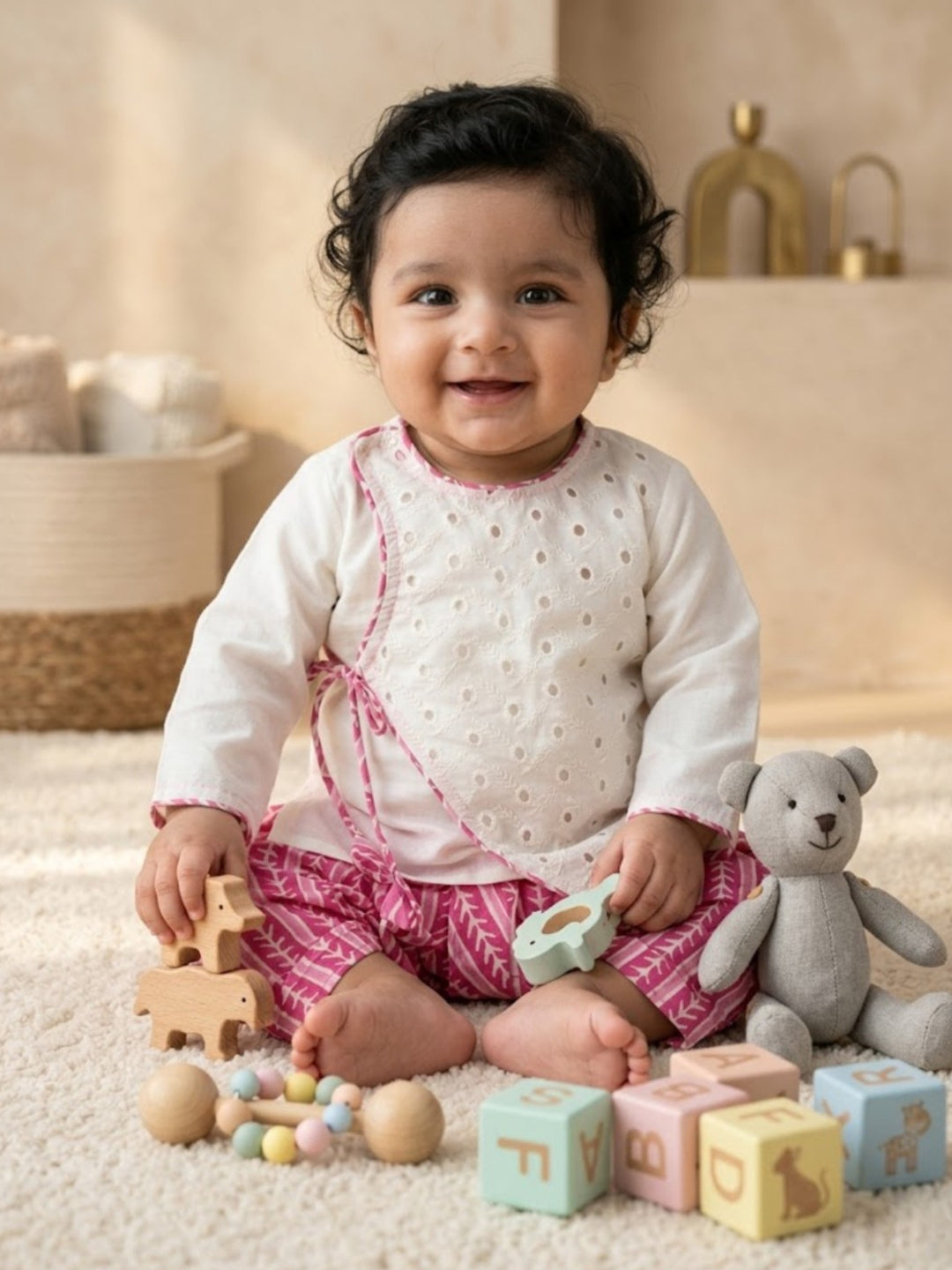 Pspeaches Baby Boy White & Magenta Ethnic Printed Cotton Angrakha Kurta With Dhoti Set